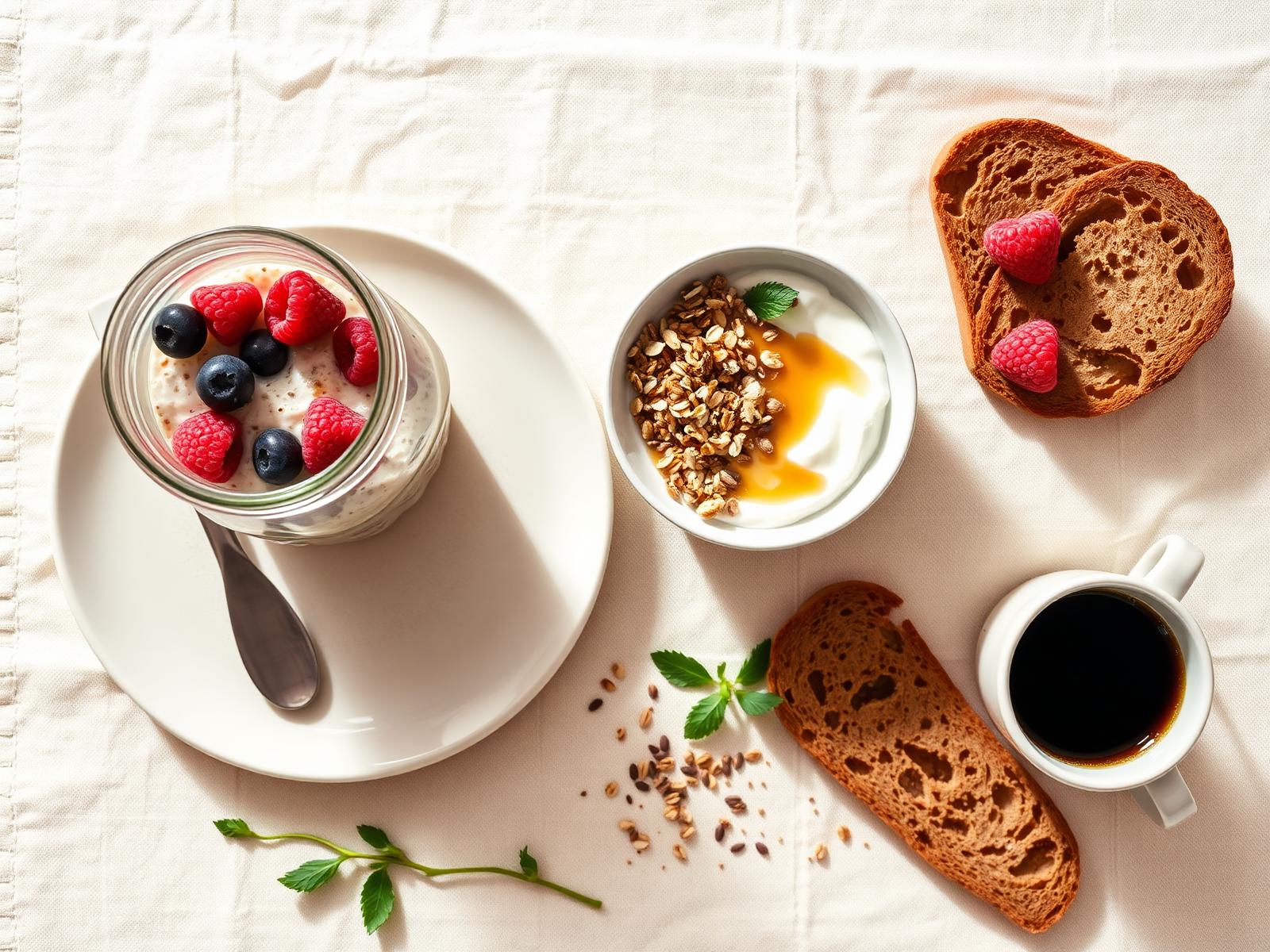 Overhead-billede af sund dansk morgenmad: overnight oats, yoghurt med granola og rugbrød